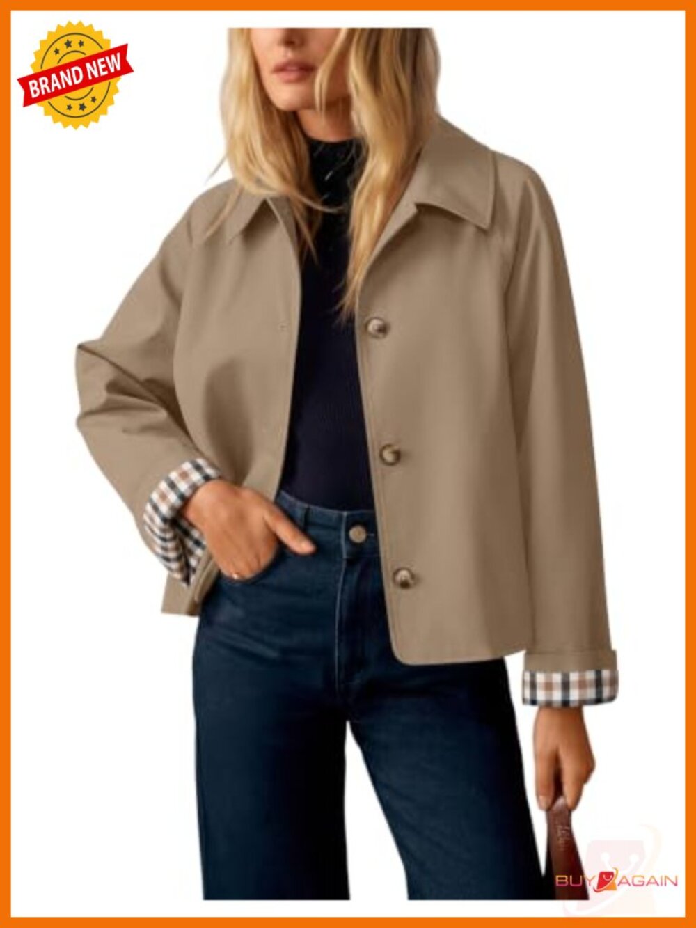 Cropped Trench Coat Plaid Button Front Fall Jacket Polyester